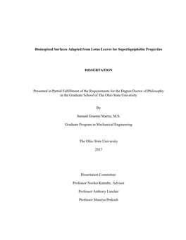 Bioinspired Surfaces Adapted from Lotus Leaves for Superliquiphobic Properties DISSERTATION Presented in Partial Fulfillment Of