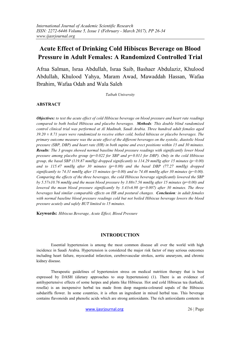 Acute Effect of Drinking Cold Hibiscus Beverage on Blood Pressure in Adult Females: a Randomized Controlled Trial