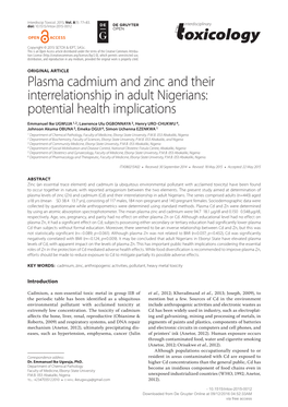 Plasma Cadmium and Zinc and Their Interrelationship in Adult Nigerians: Potential Health Implications