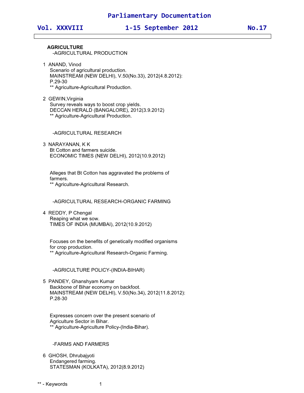 Parliamentary Documentation Vol. XXXVIII 1-15 September 2012 No.17