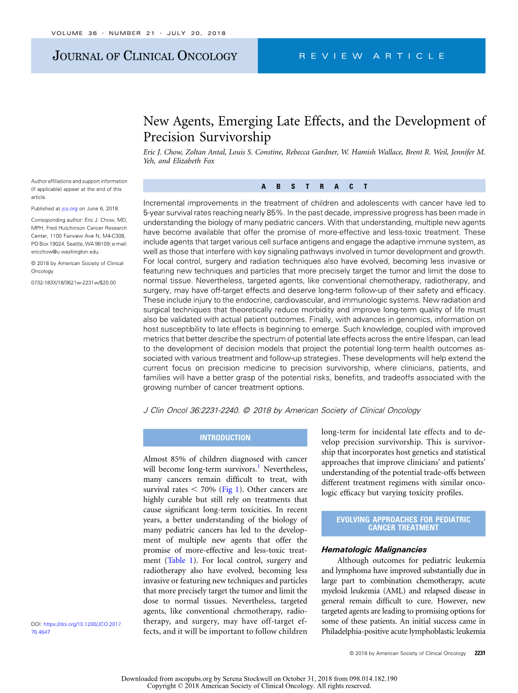 New Agents, Emerging Late Effects, and the Development of Precision Survivorship Eric J