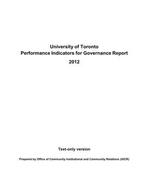 University of Toronto Performance Indicators for Governance Report 2012