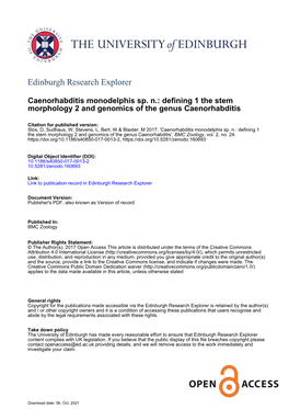 Defining the Stem Morphology and Genomics of the Genus Caenorhabditis Dieter Slos1* , Walter Sudhaus2, Lewis Stevens3*, Wim Bert1 and Mark Blaxter3