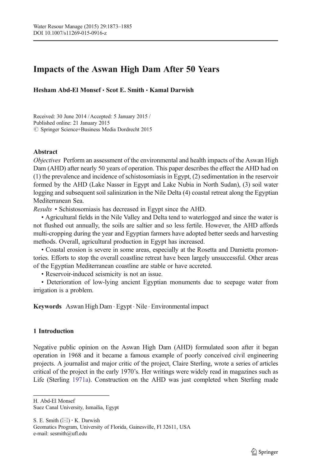 Impacts of the Aswan High Dam After 50 Years