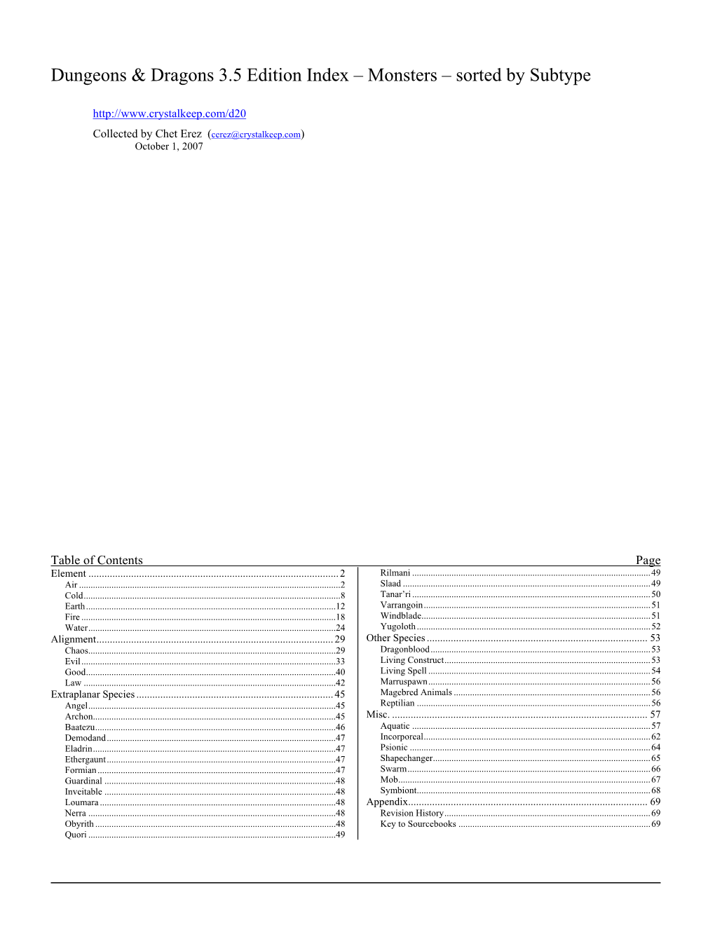 Dungeons & Dragons 3.5 Edition Index – Monsters – Sorted By