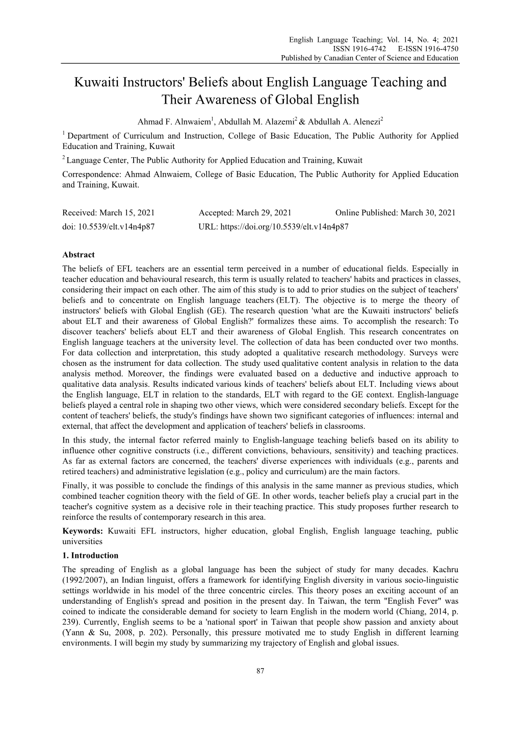 Kuwaiti Instructors' Beliefs About English Language Teaching and Their Awareness of Global English