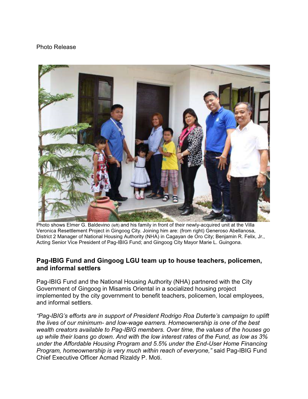Pag-IBIG Fund and Gingoog LGU Team up to House Teachers, Policemen, and Informal Settlers