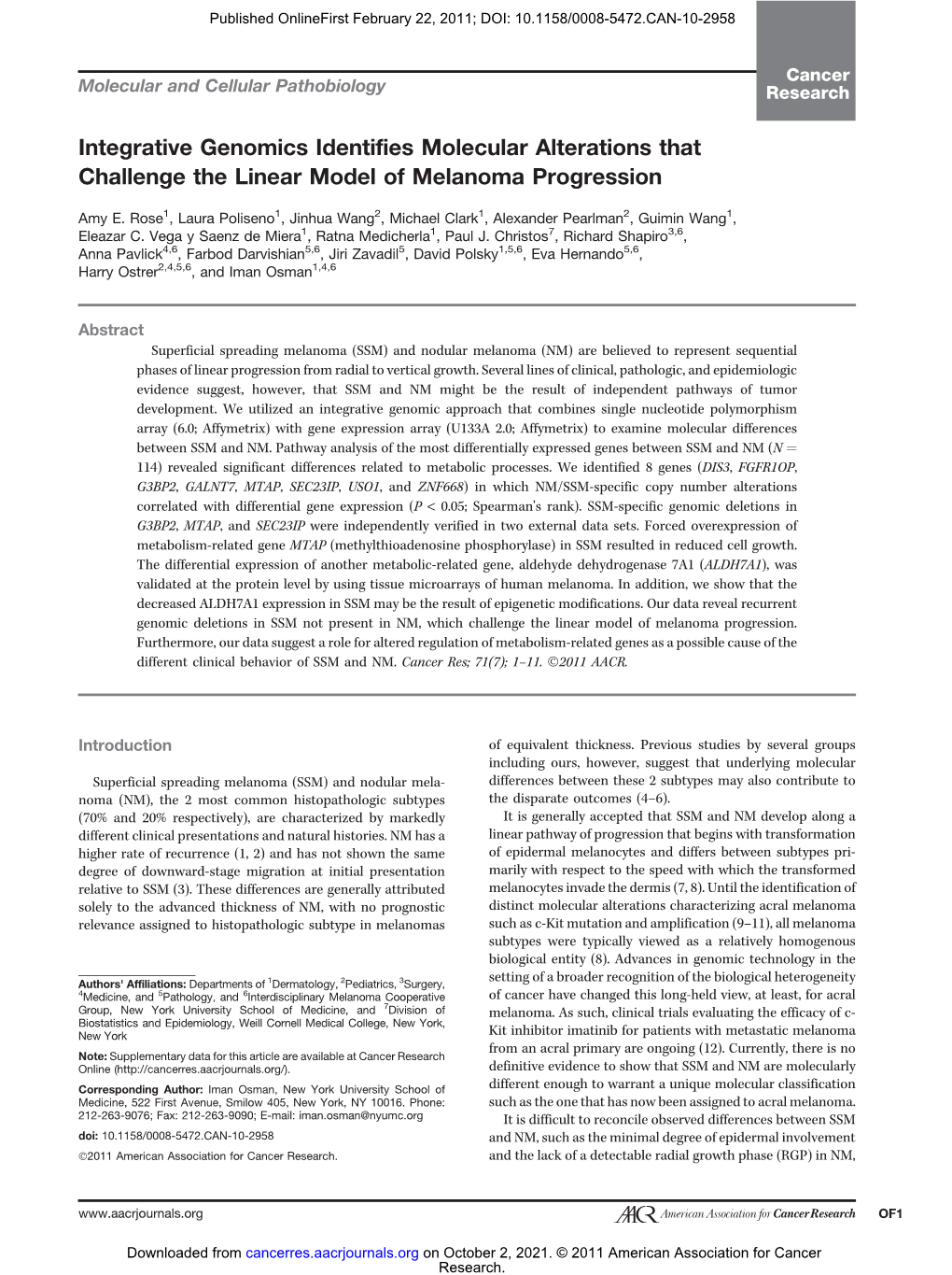 Integrative Genomics Identifies Molecular Alterations That Challenge the Linear Model of Melanoma Progression