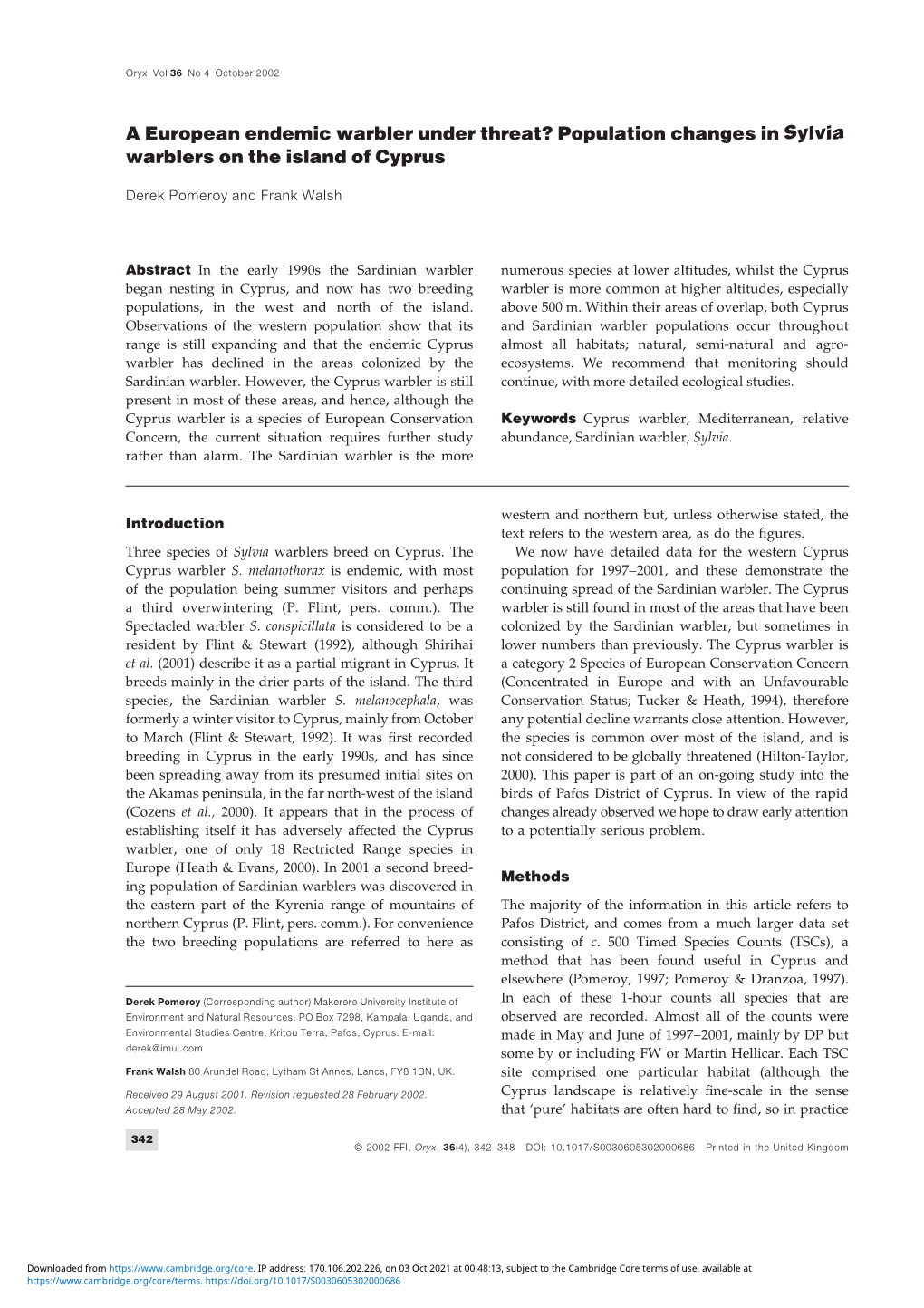 A European Endemic Warbler Under Threat? Population Changes in Sylvia Warblers on the Island of Cyprus