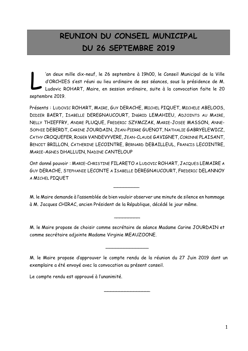 Reunion Du Conseil Municipal Du 26 Septembre 2019