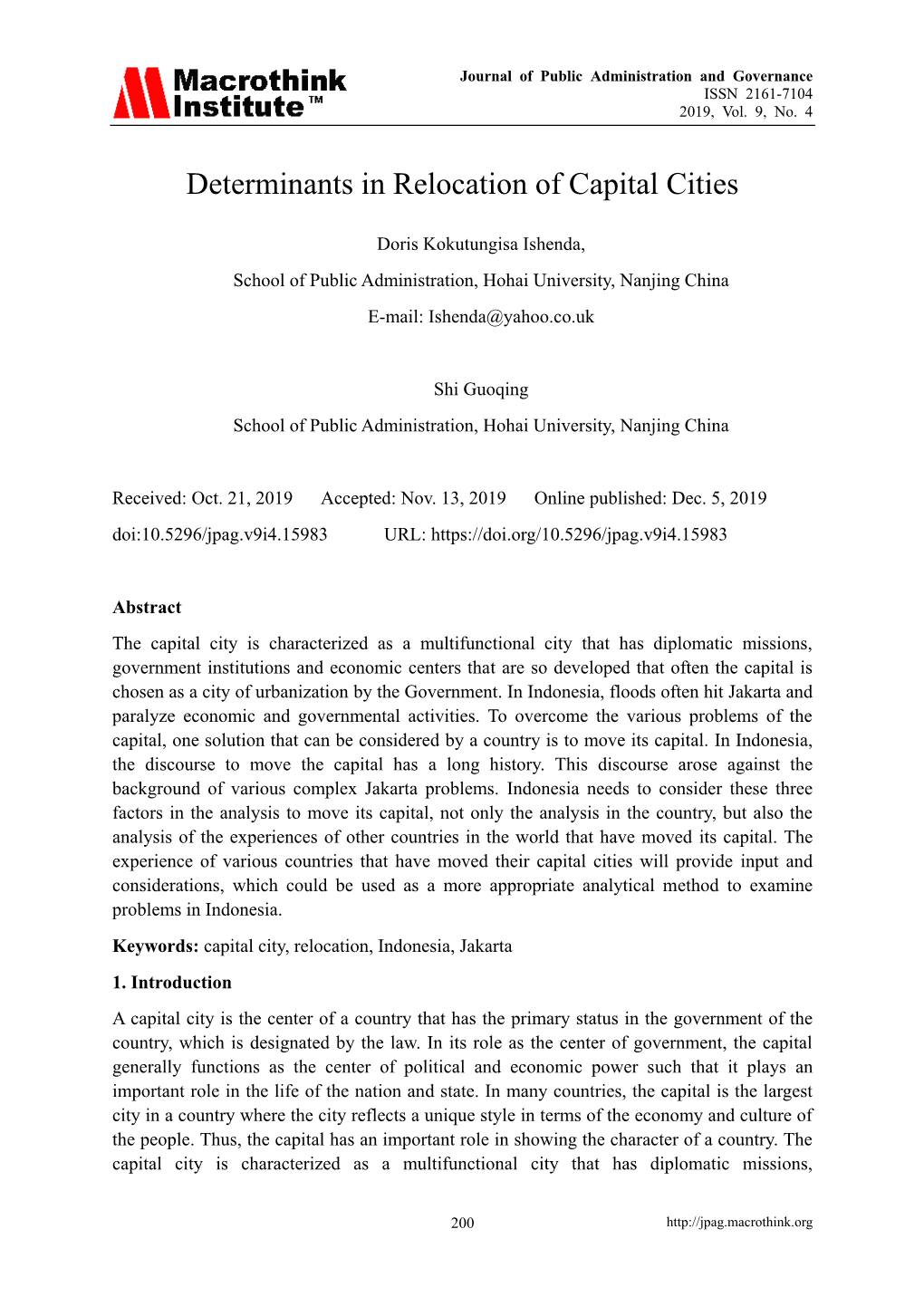 Determinants in Relocation of Capital Cities