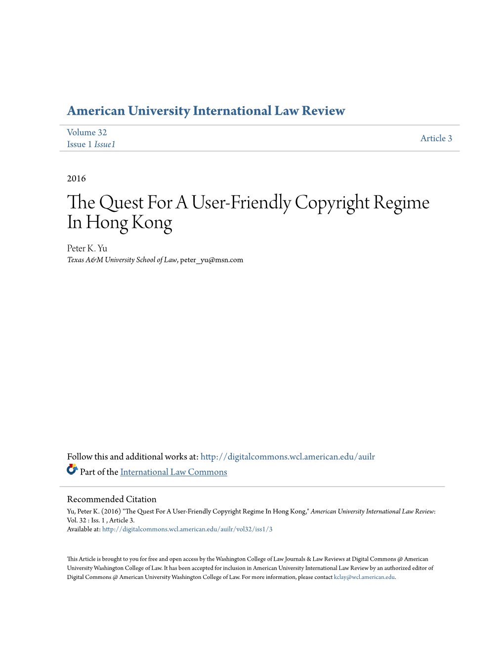 The Quest for a User-Friendly Copyright Regime in Hong Kong Peter K