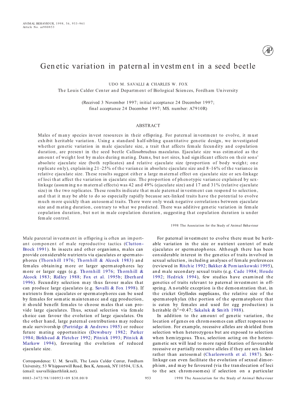 Genetic Variation in Paternal Investment in a Seed Beetle