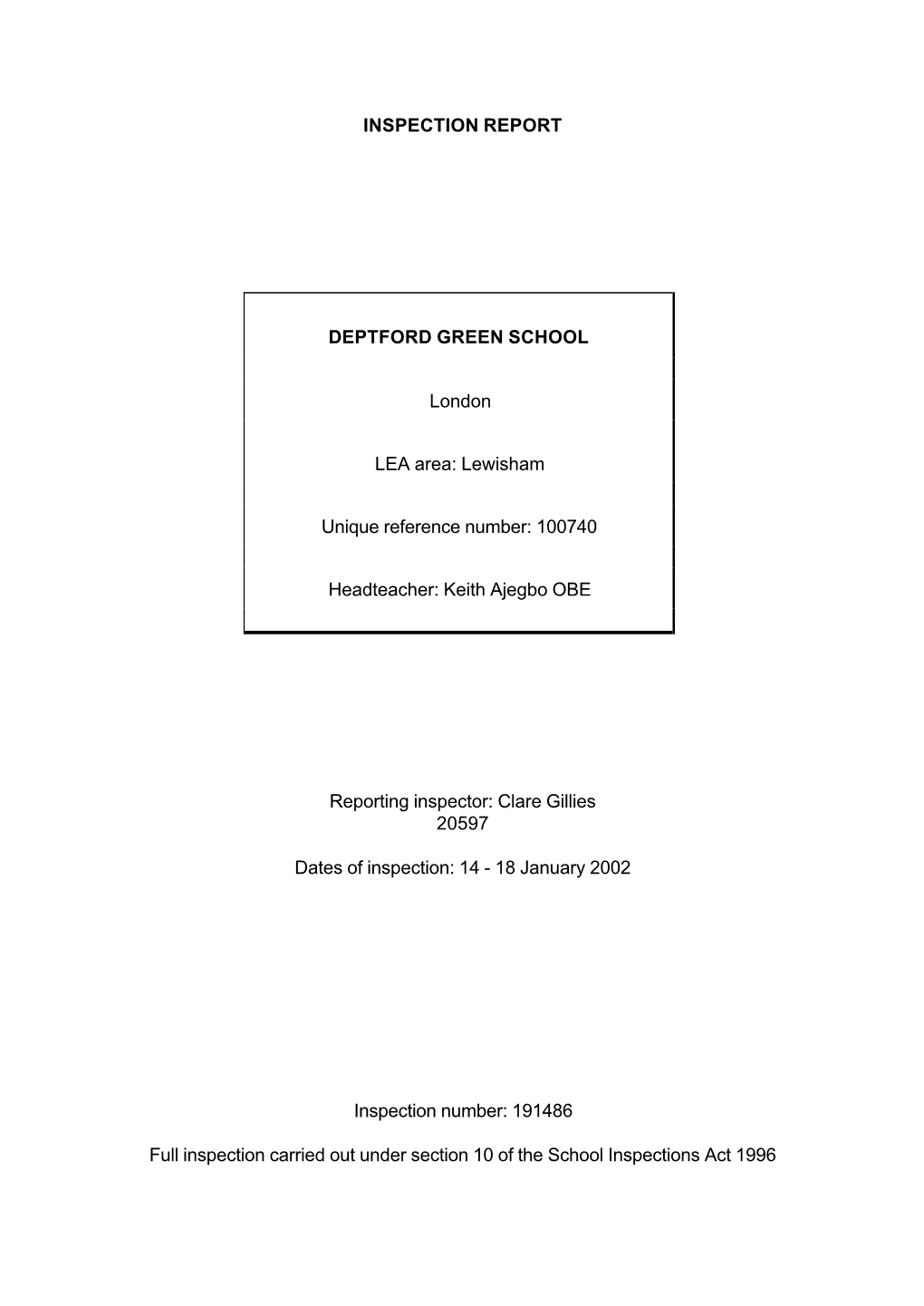 INSPECTION REPORT DEPTFORD GREEN SCHOOL London LEA Area