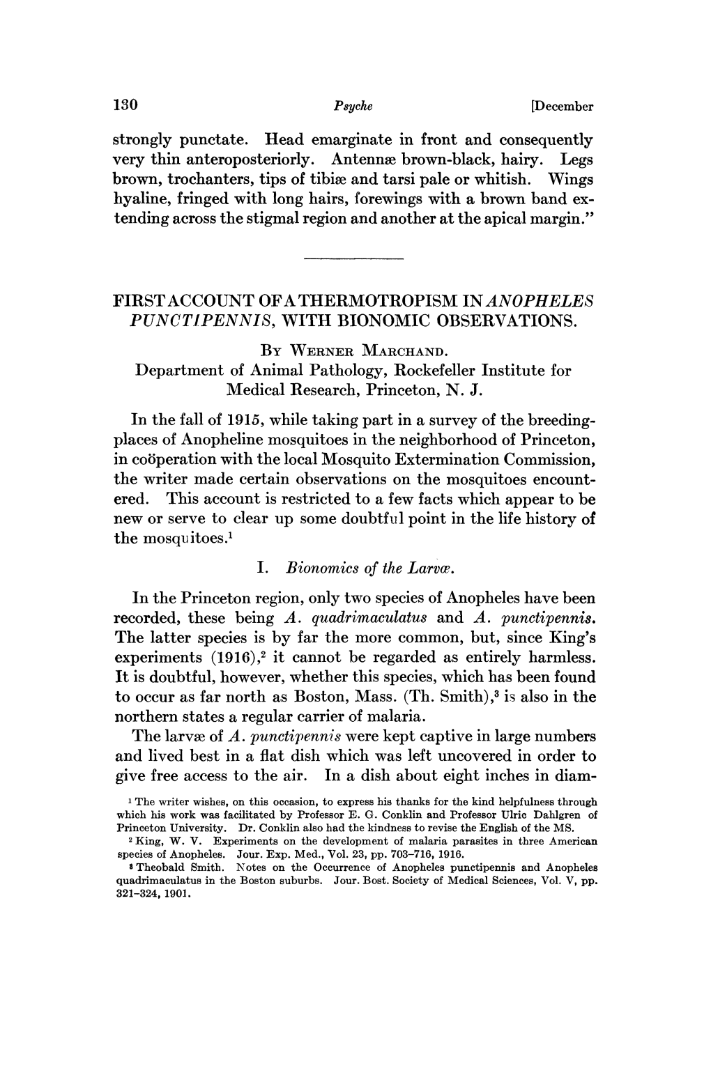 FIRST ACCOUNT of a TI-IERMOTROPISM in ANOPHELES PUNCTIPENNIS, with BIONOMIC OBSERVATIONS. by WERNER MARCI-IAND. to Occur As