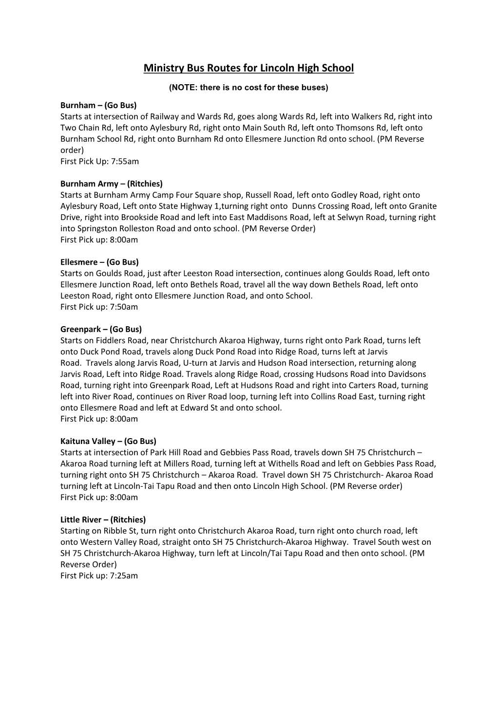 Ministry Bus Routes for Lincoln High School