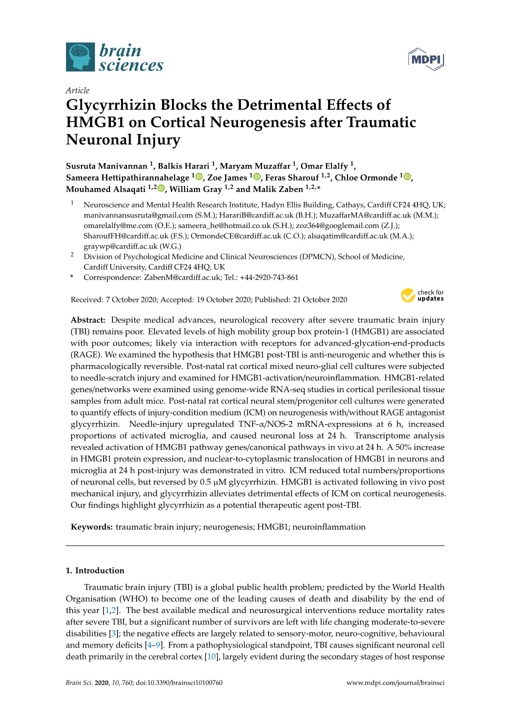 Glycyrrhizin Blocks the Detrimental Effects of HMGB1 on Cortical