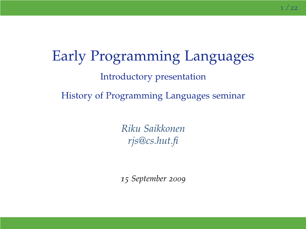 Early Programming Languages Introductory Presentation