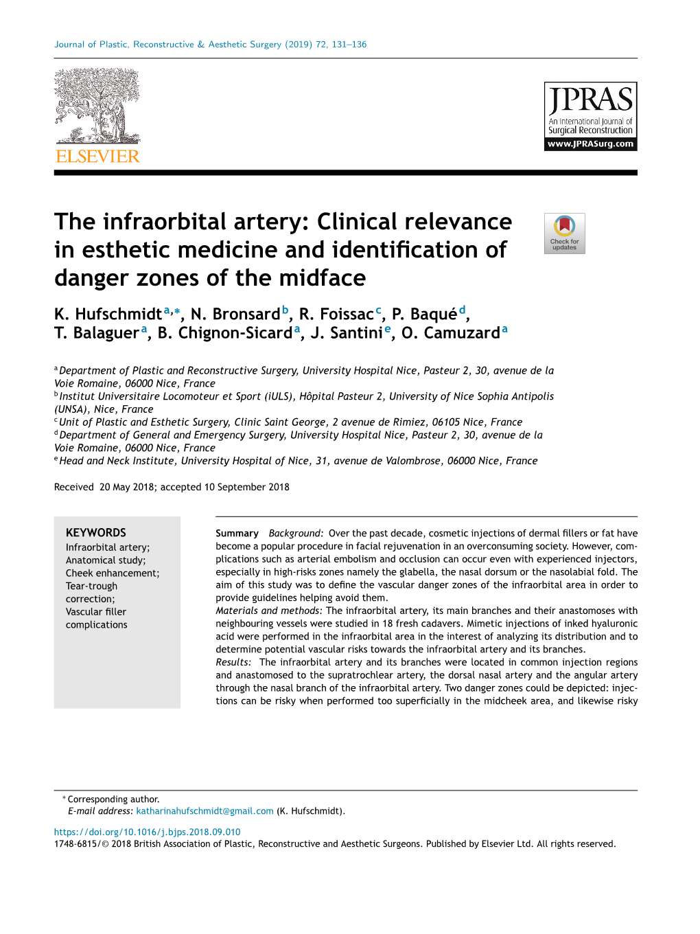 The Infraorbital Artery: Clinical Relevance in Esthetic Medicine and Identification of Danger Zones of the Midface