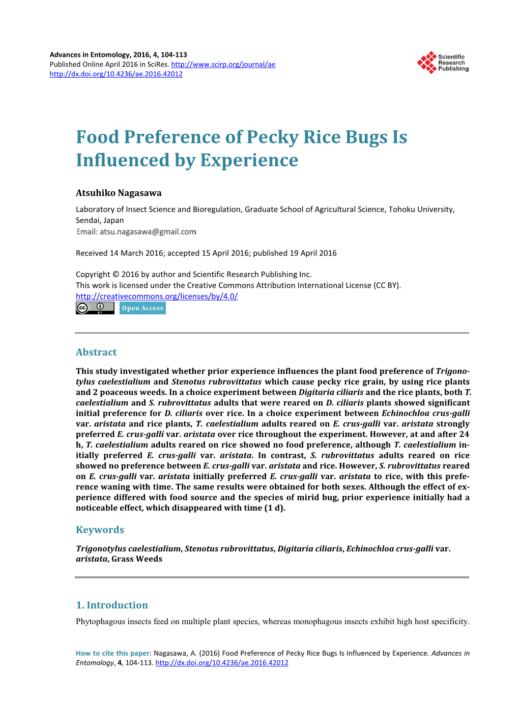 Food Preference of Pecky Rice Bugs Is Influenced by Experience