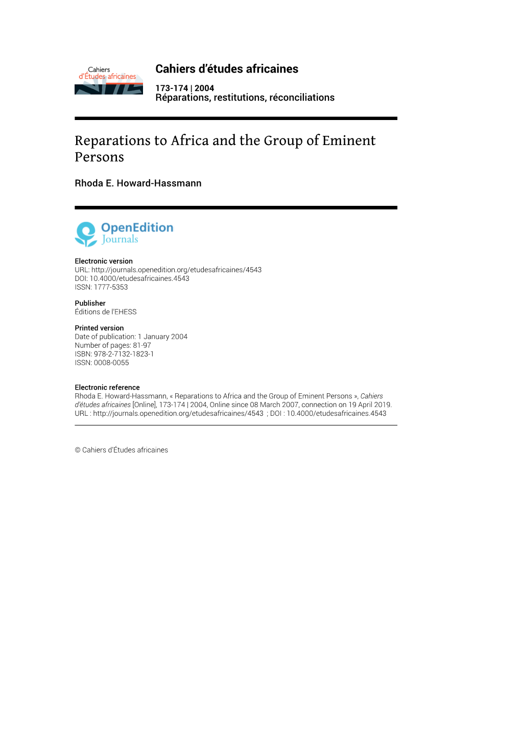 Reparations to Africa and the Group of Eminent Persons*