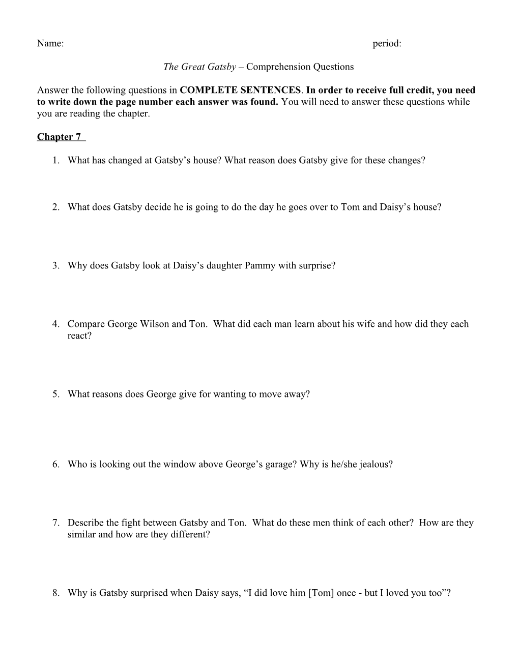 The Great Gatsby Comprehension Questions Chapter 1-3