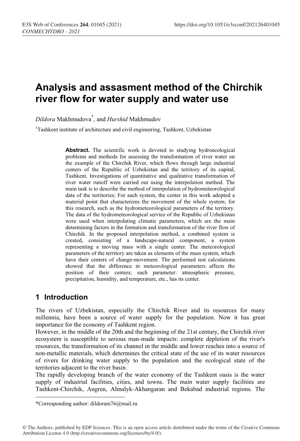 Analysis and Assasment Method of the Chirchik River Flow for Water Supply and Water Use
