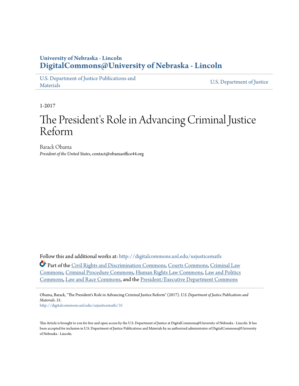 The President's Role in Advancing Criminal Justice Reform