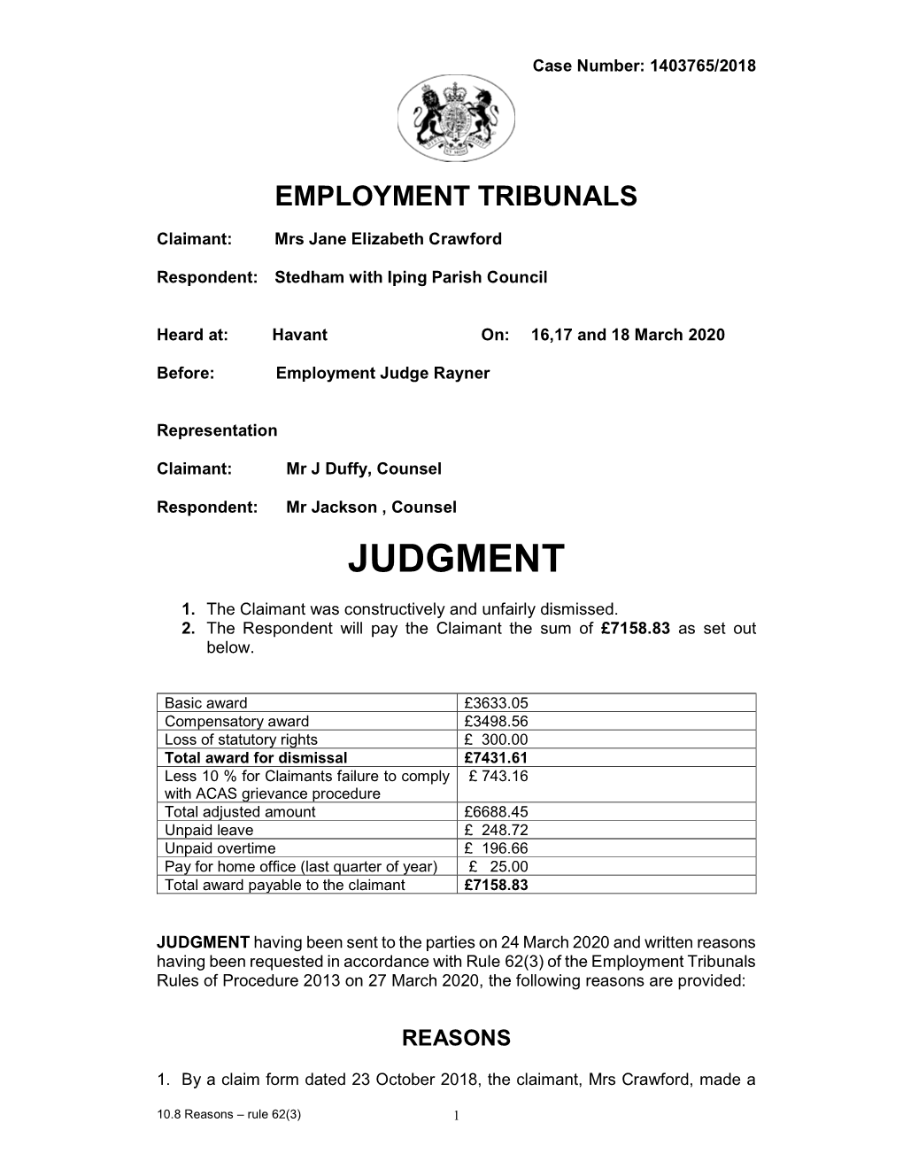 Jane Elizabeth Crawford V Stedham with Iping Parish Council