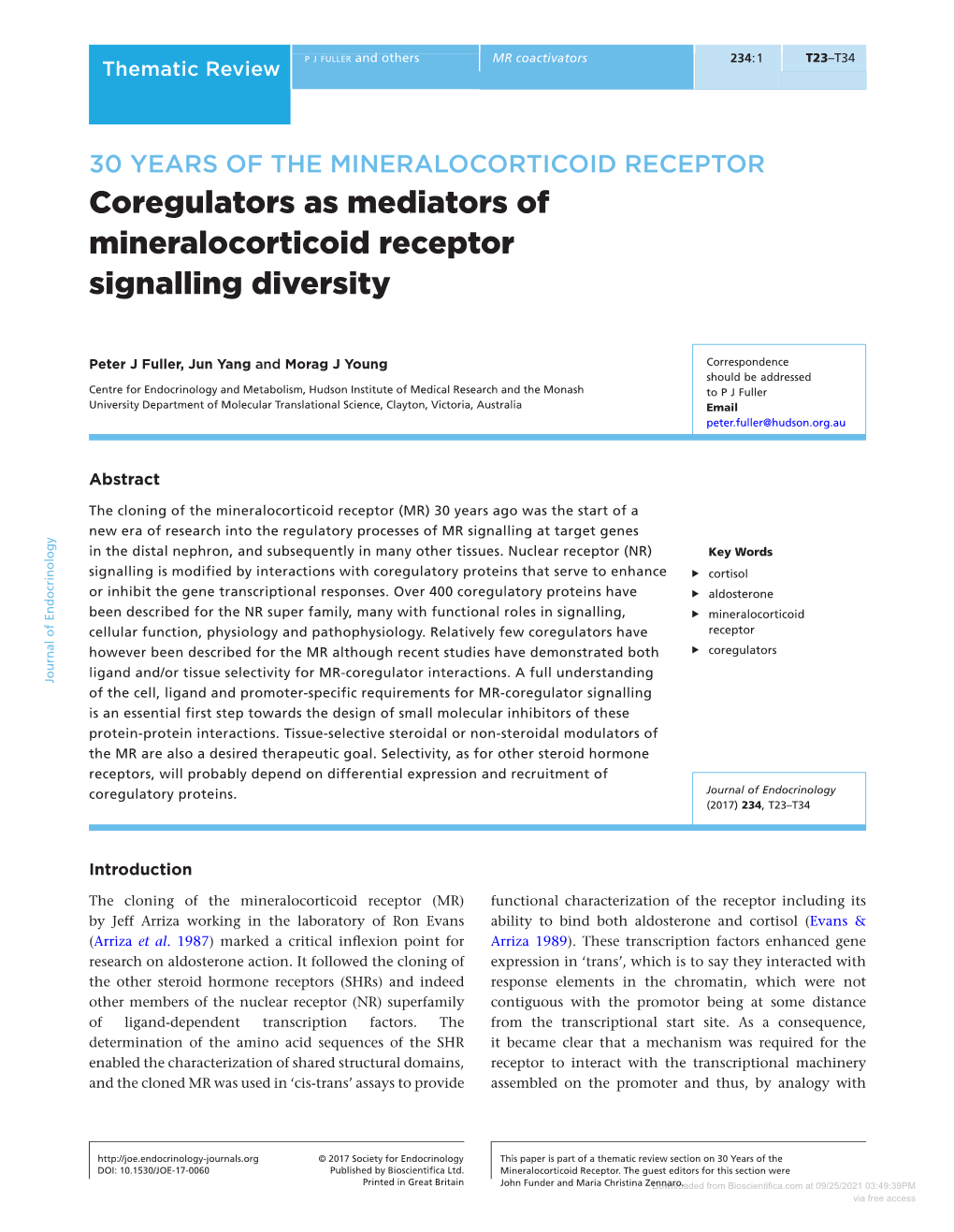 30 YEARS of the MINERALOCORTICOID RECEPTOR Coregulators As Mediators of Mineralocorticoid Receptor Signalling Diversity