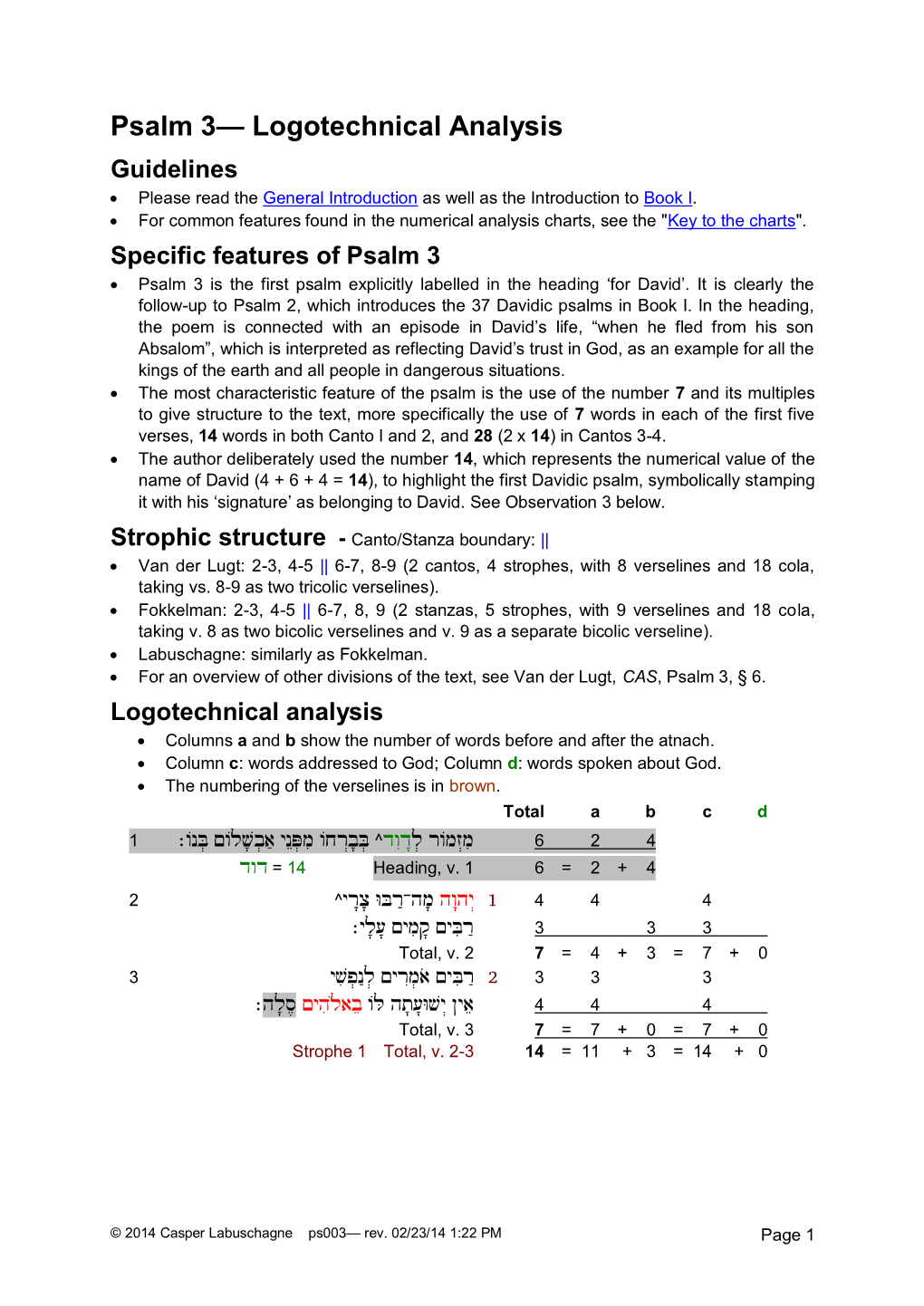 Psalm 3— Logotechnical Analysis Guidelines  Please Read the General Introduction As Well As the Introduction to Book I