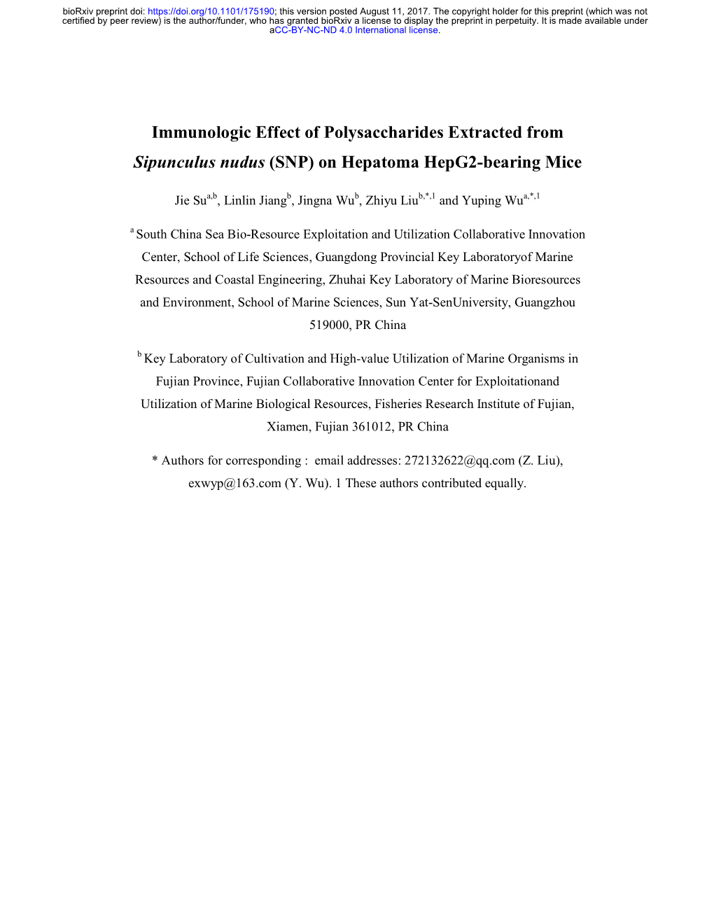 Immunologic Effect of Polysaccharides Extracted from Sipunculus Nudus (SNP) on Hepatoma Hepg2-Bearing Mice