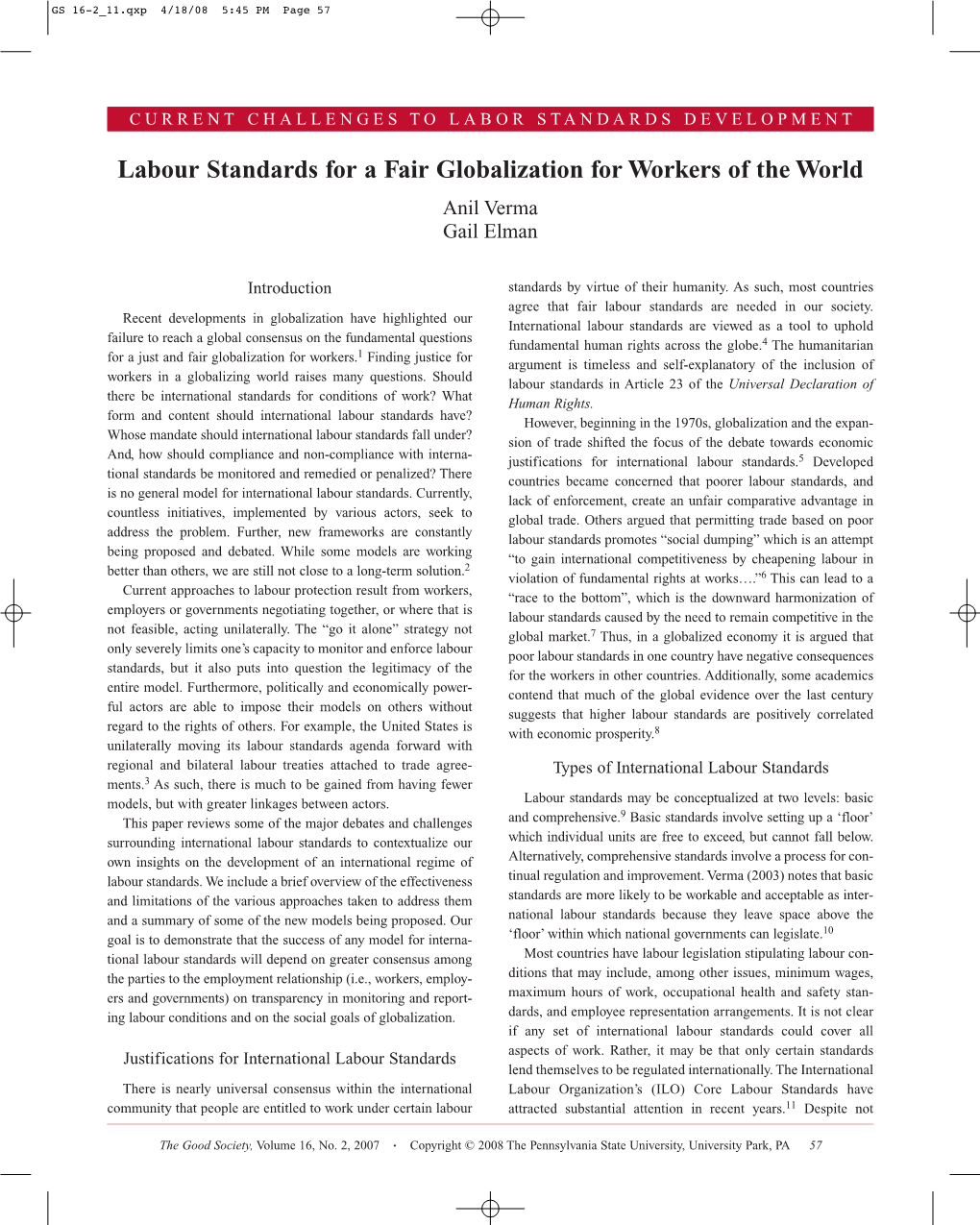 Labour Standards for a Fair Globalization for Workers of the World Anil Verma Gail Elman