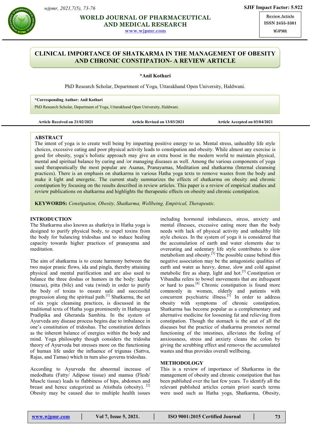 Clinical Importance of Shatkarma in the Management of Obesity and Chronic Constipation- a Review Article