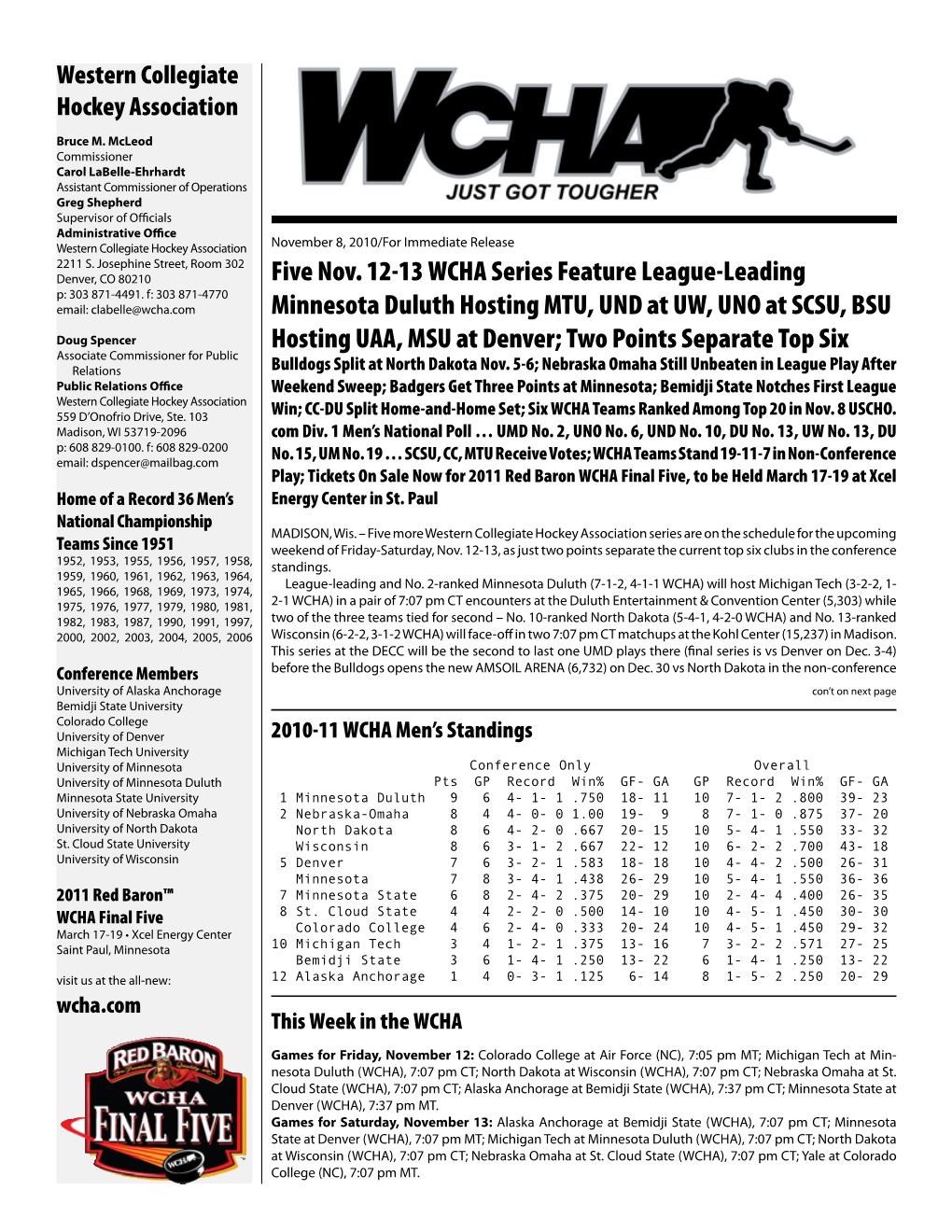 Five Nov. 12-13 WCHA Series Feature League-Leading Minnesota Duluth