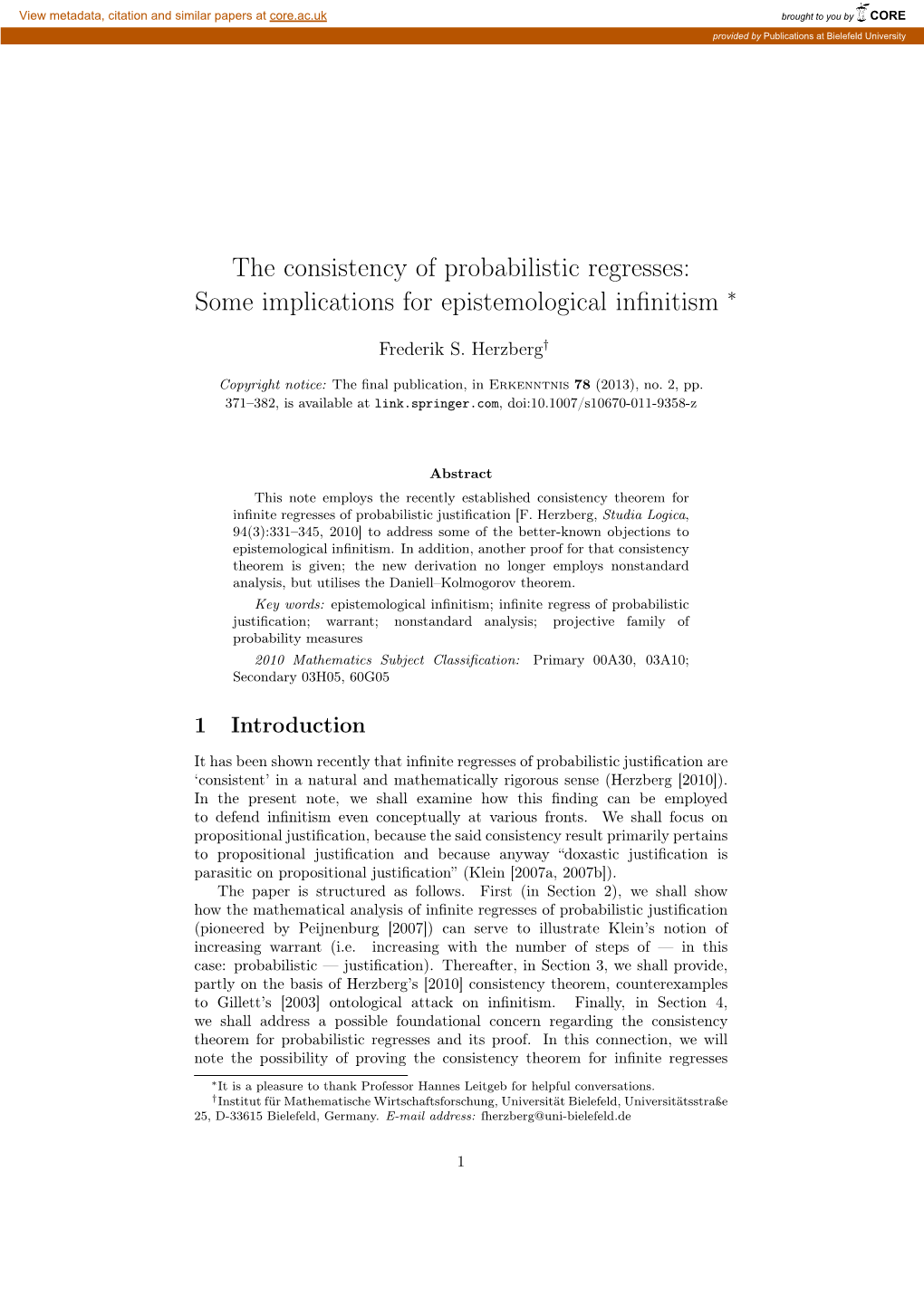The Consistency of Probabilistic Regresses: Some Implications for Epistemological Inﬁnitism ∗