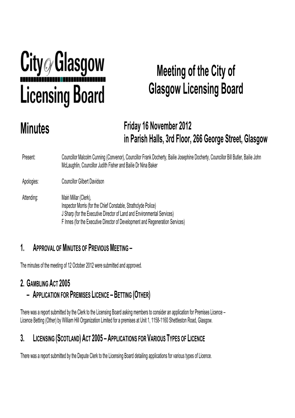 Meeting of the City of Glasgow Licensing Board Minutes