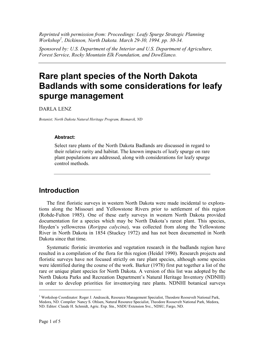 Rare Plant Species of the North Dakota Badlands with Some Considerations for Leafy Spurge Management