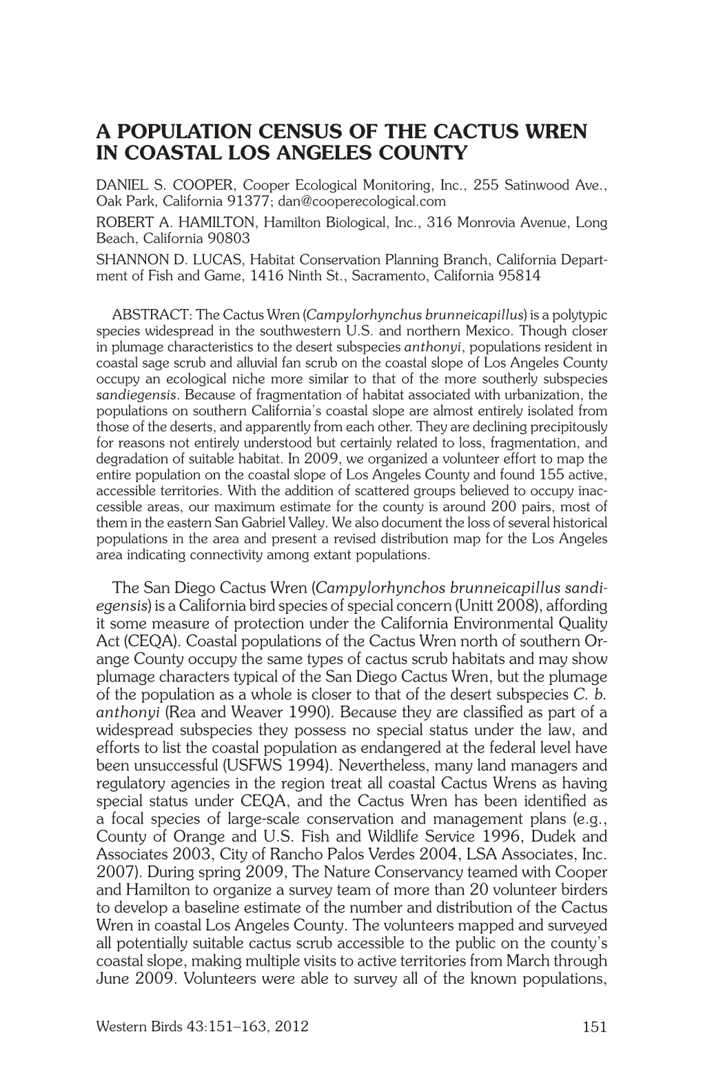 A Population Census of the Cactus Wren in Coastal Los Angeles County Daniel S