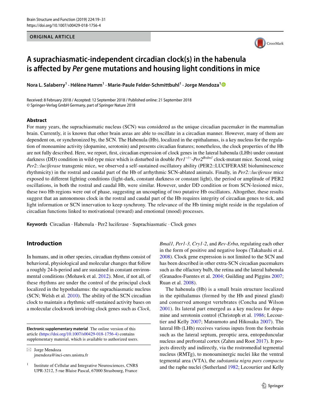 A Suprachiasmatic-Independent Circadian Clock(S) in the Habenula Is Affected by Per Gene Mutations and Housing Light Conditions in Mice