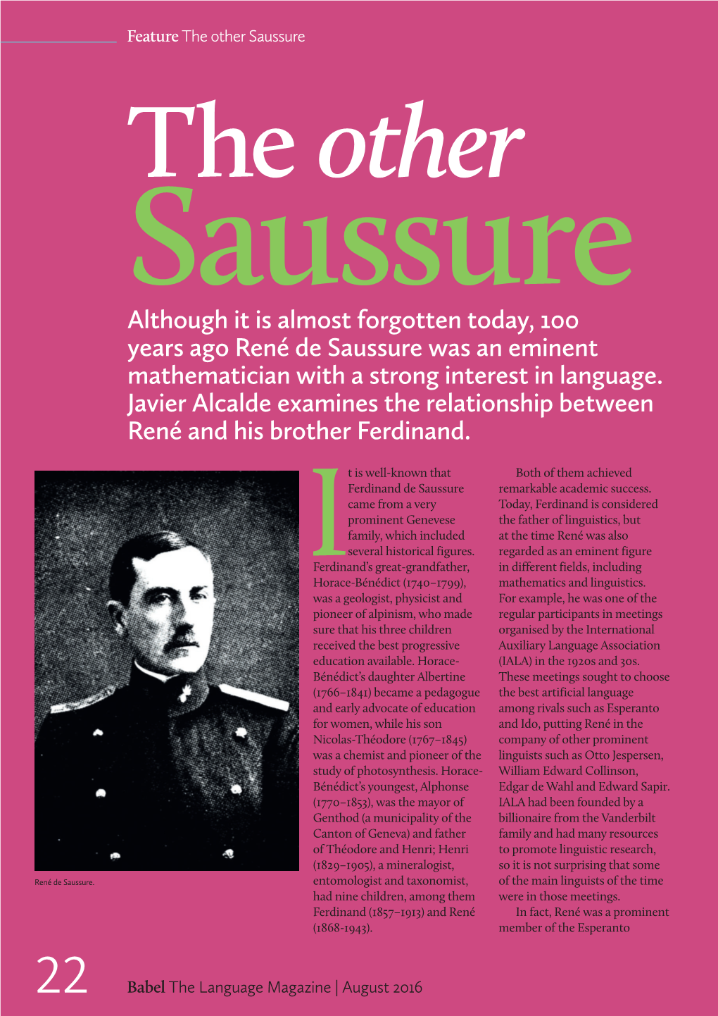 Although It Is Almost Forgotten Today, 100 Years Ago René De Saussure Was an Eminent Mathematician with a Strong Interest in Language