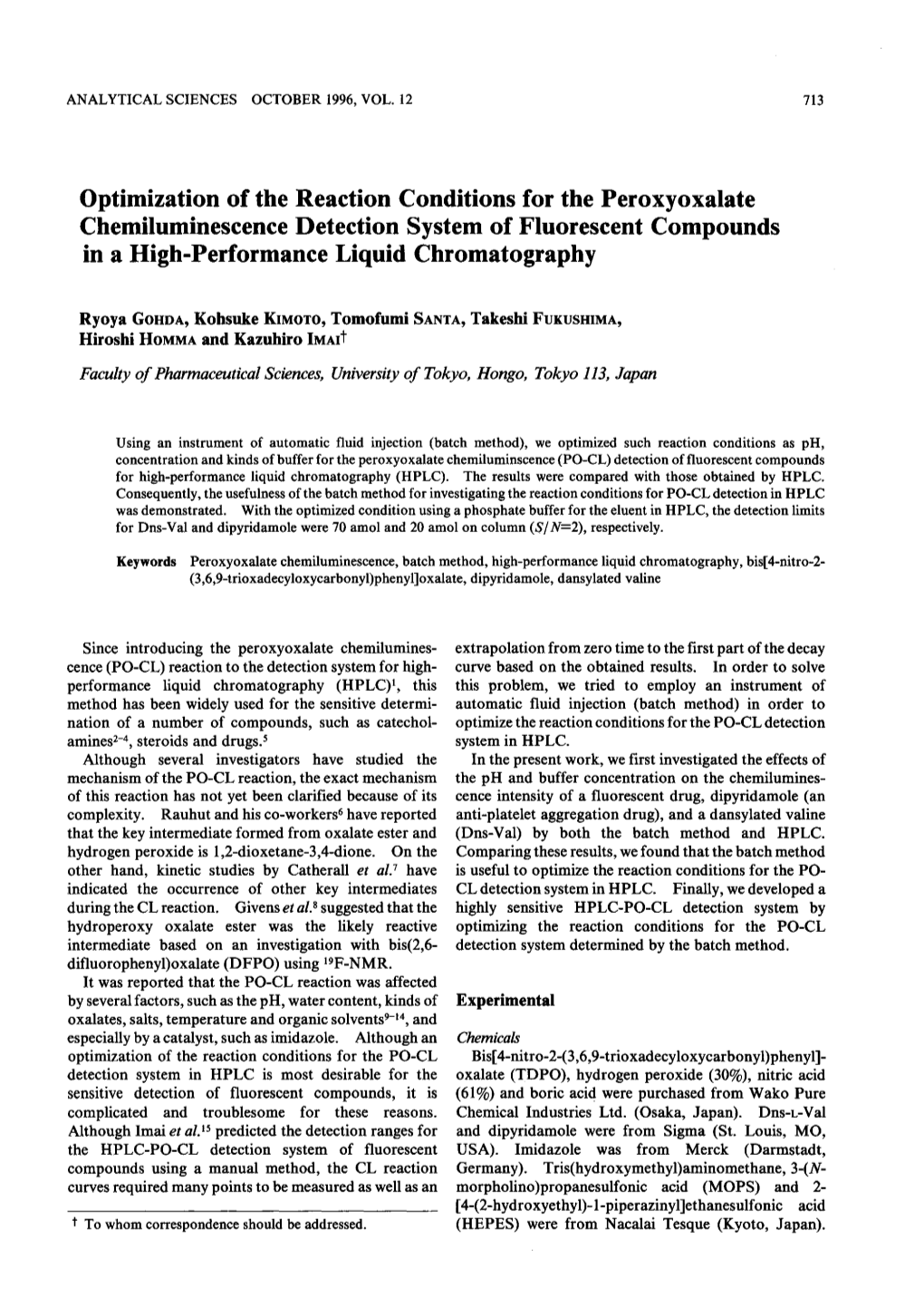 Optimization of the Reaction Conditions for the Peroxyoxalate Chemiluminescence Detection System of Fluorescent Compounds in Ahigh-Performance Liquid Chromatography