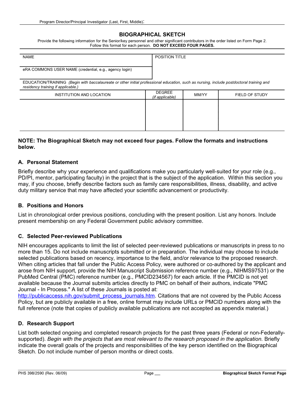 PHS 398/2590 (Rev. 06/09), Biographical Sketch Format Page s1