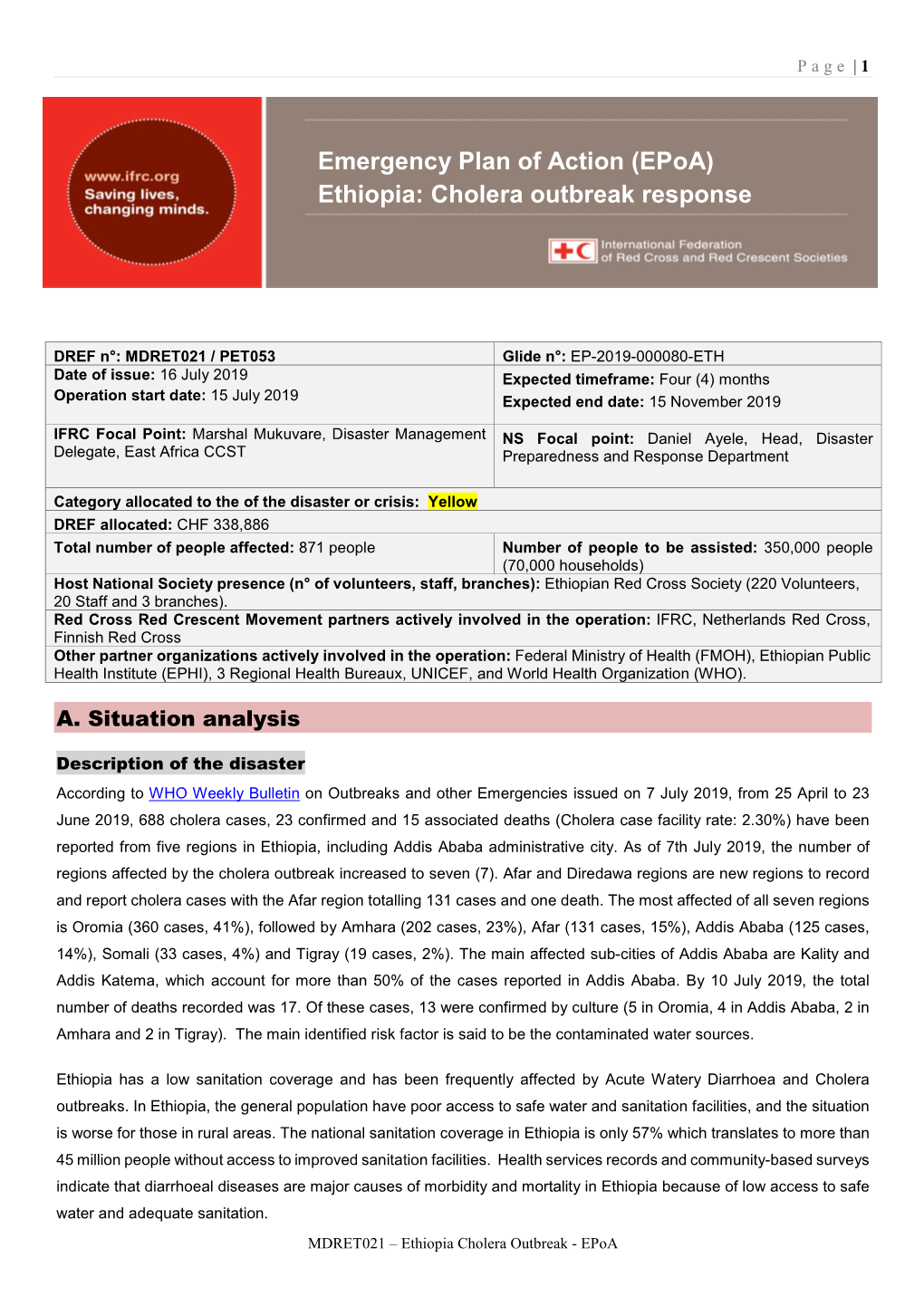 Emergency Plan of Action (Epoa) Ethiopia: Cholera Outbreak Response