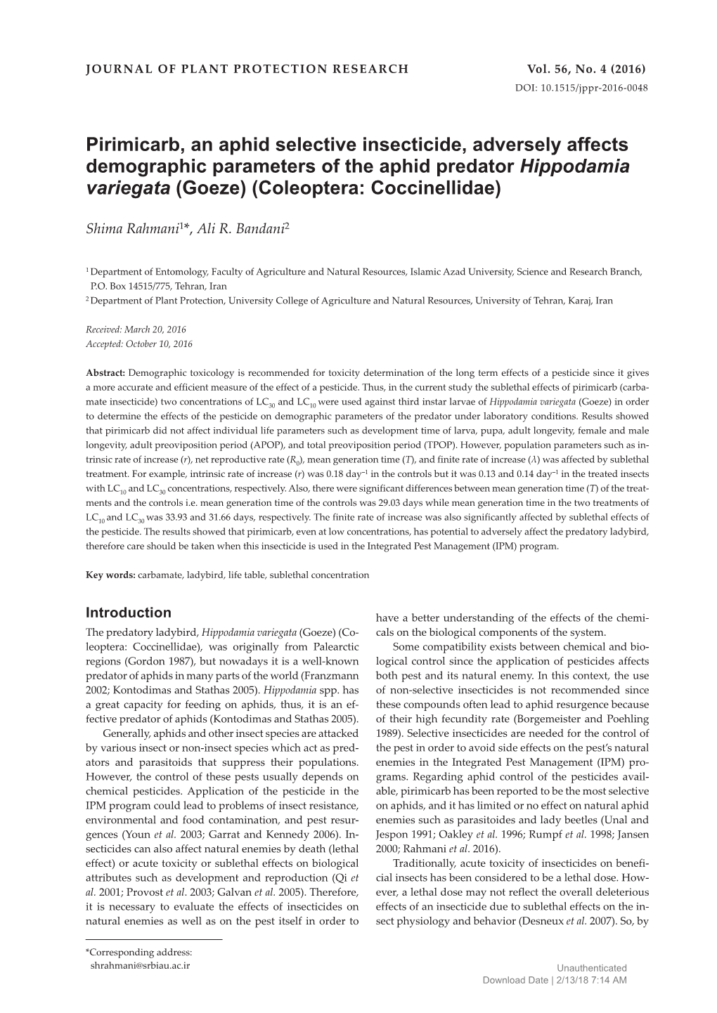 Pirimicarb, an Aphid Selective Insecticide, Adversely Affects Demographic Parameters of the Aphid Predator Hippodamia Variegata (Goeze) (Coleoptera: Coccinellidae)