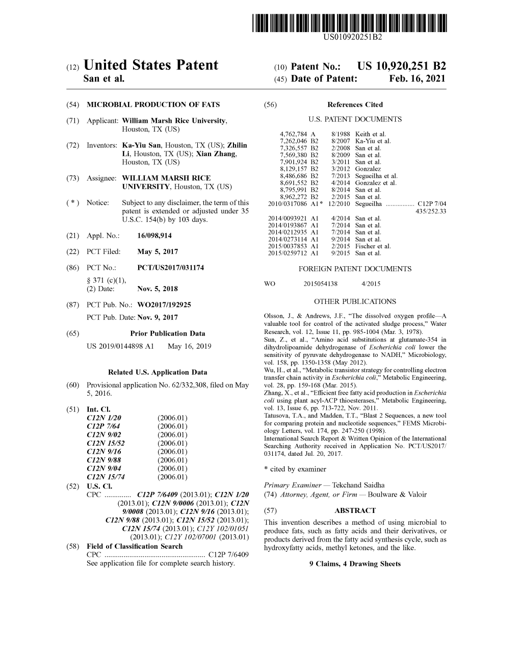 C12) United States Patent (IO) Patent No.: US 10,920,251 B2 San Et Al