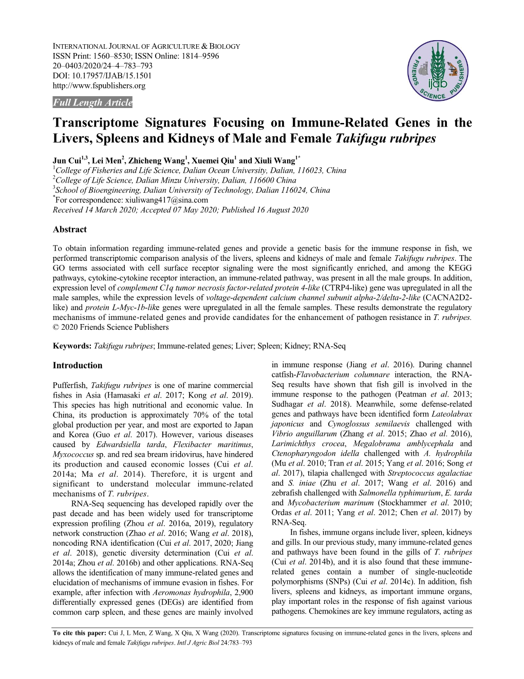 Transcriptome Signatures Focusing on Immune-Related Genes in the Livers, Spleens and Kidneys of Male and Female Takifugu Rubripes