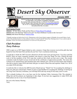 Desert Sky Observer Volume 28 Issue 1 January 2008 NEWSLETTER of the ANTELOPE VALLEY ASTRONOMY CLUB, INC P.O