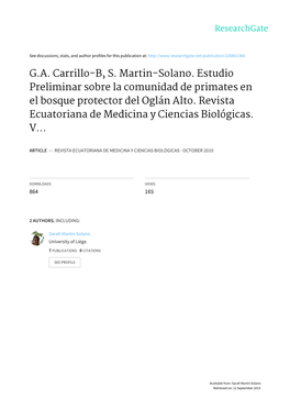G.A. Carrillo-B, S. Martin-Solano. Estudio Preliminar Sobre La Comunidad De Primates En El Bosque Protector Del Oglán Alto