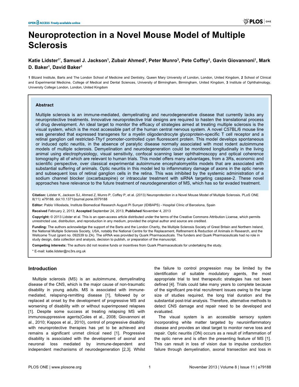 Neuroprotection in a Novel Mouse Model of Multiple Sclerosis